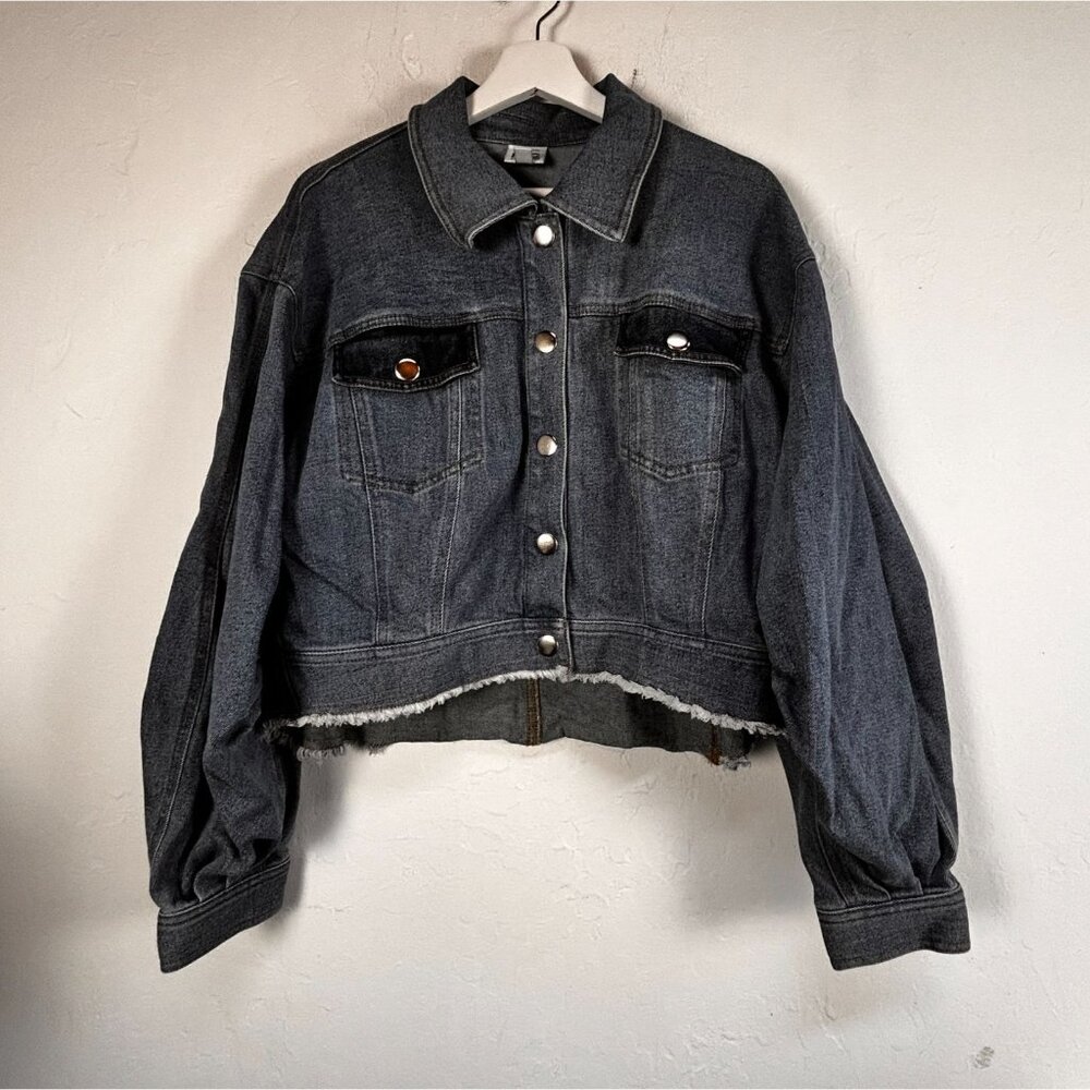 Ade Samuel For I.N.C. Womens Cropped Denim Jacket XL Blue Fringe Raw Hem Pockets - Picture 1 of 10